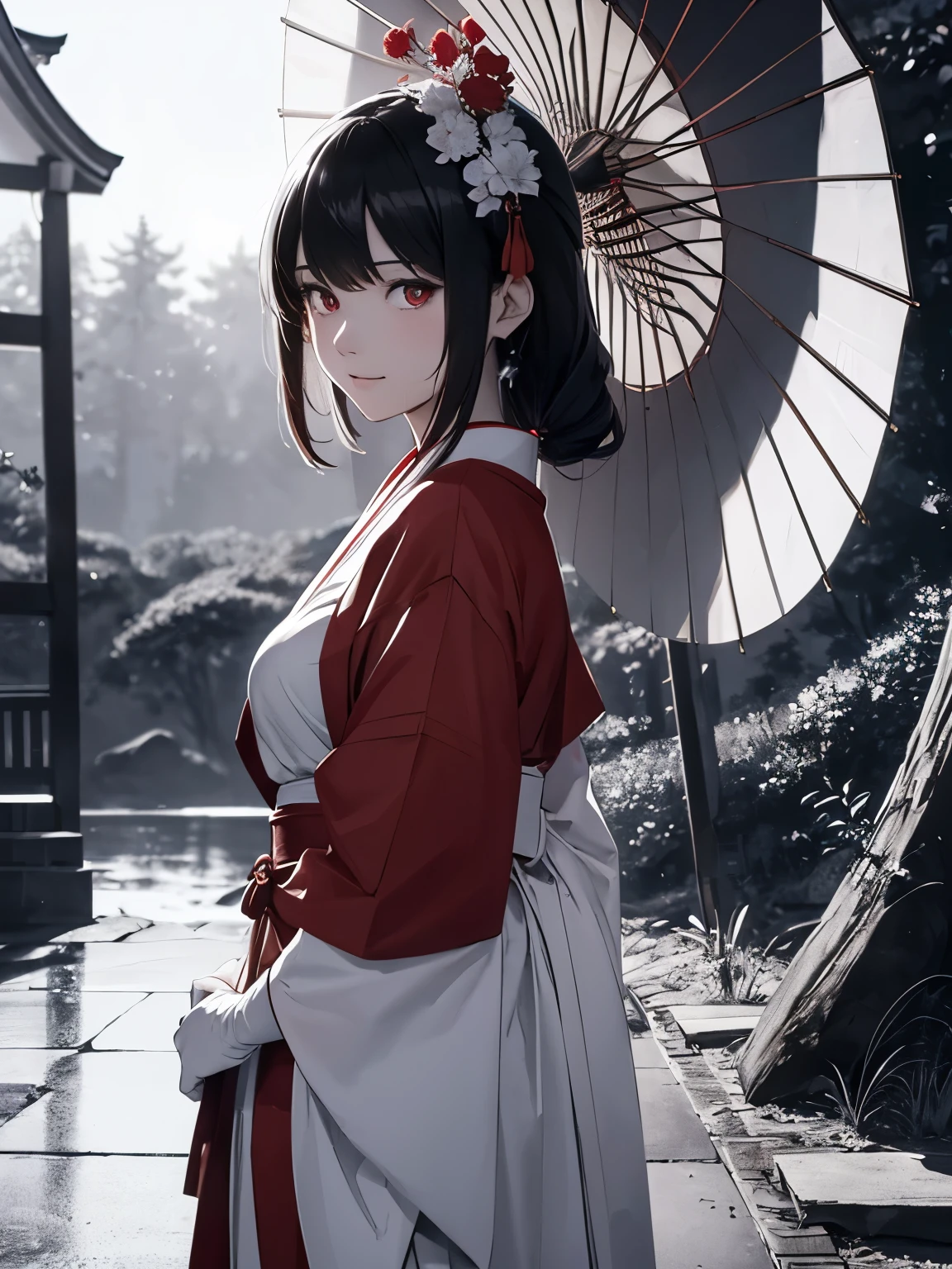 Japanese shrine maiden, girl, shrine, mysterious, human, shrine maiden clothes, short and slender person, standing, white skin, white skin, long black hair, red eyes, crazy smile, beautiful face, night, Beautiful face, white and red clothes, beautiful limbs, tamagushi, white jacket, sleeves, white gloves, traditional clothes, red skirt, black moon, red moon, looking at the viewer, intimidating gaze, drawing style, dynamic light, ultra detail, extremely detailed CG, micro intricate, highly detailed skin, highly detailed face, highly detailed pupils, highly detailed iris, RAW photo, best quality, high resolution, ((masterpiece)), realistic, sharp focus, HDR, 8K resolution, intricate detail, sophisticated detail, hyper detailed, (depth of field), highlight and shadow, volumetric lighting, highly detailed background, by Kentaro Miura:1.1, comicbookpencils:0.9, greyscale(line art:1.1)