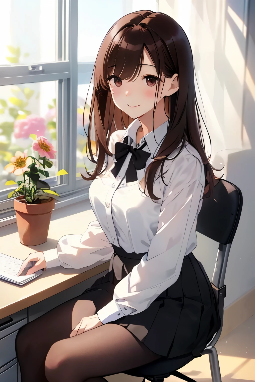 best quality, masterpiece, solo, 1 Female、Age 25、Larger breasts、(Slender figure)、From the side、(Sitting in a desk chair)、office lady、Working in the office、Sheer white shirt、skirt、tights、(White highlight in pupil:1.2)、Dark reddish brown eyes、(Black-haired:1.2)、(Medium Hair)、(View your viewers:1.2)、White skin、(blush)、(A shy smile)、(A sad expression)、(I blur the background a lot to make the woman stand out.:1.3)、(The sunlight shines in)、Beautiful flowers in the background