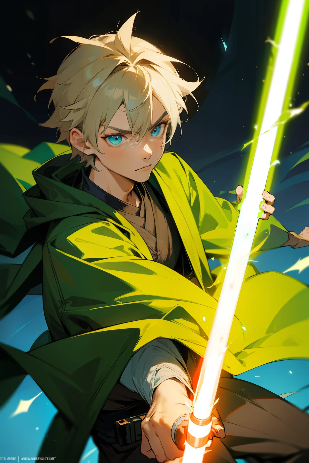 
The male Jedi has expressive eyes and a fighting look on his face., In the world of Star Warodestly dressed with a Jedi cloak and green lightsaber