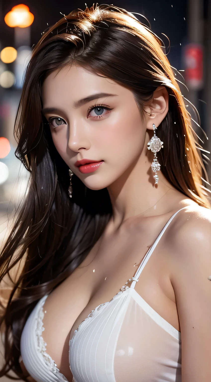 Beautiful college girl in the city, masterpiece, light makeup, red lips, brown hair, widely disheveled, street background, beautiful and elegant. Very fine details, masterpiece, authentic texture, realism of movie lighting, perfect work, 16k, high resolution, exquisite facial features, blue eyes, Japanese idol, beautiful face, lovely smile, next to chestnut, Beautiful hair, charm, big breasts, erect nipples, cleavage, thick muscles, glowing skin, white skin, oily skin, shiny skin with oil, thin camisole, big sparkling eyes, soft skin, wet, earrings, Collars, tattoos, raining, soaking wet, wet camisoles, transparent nipples,