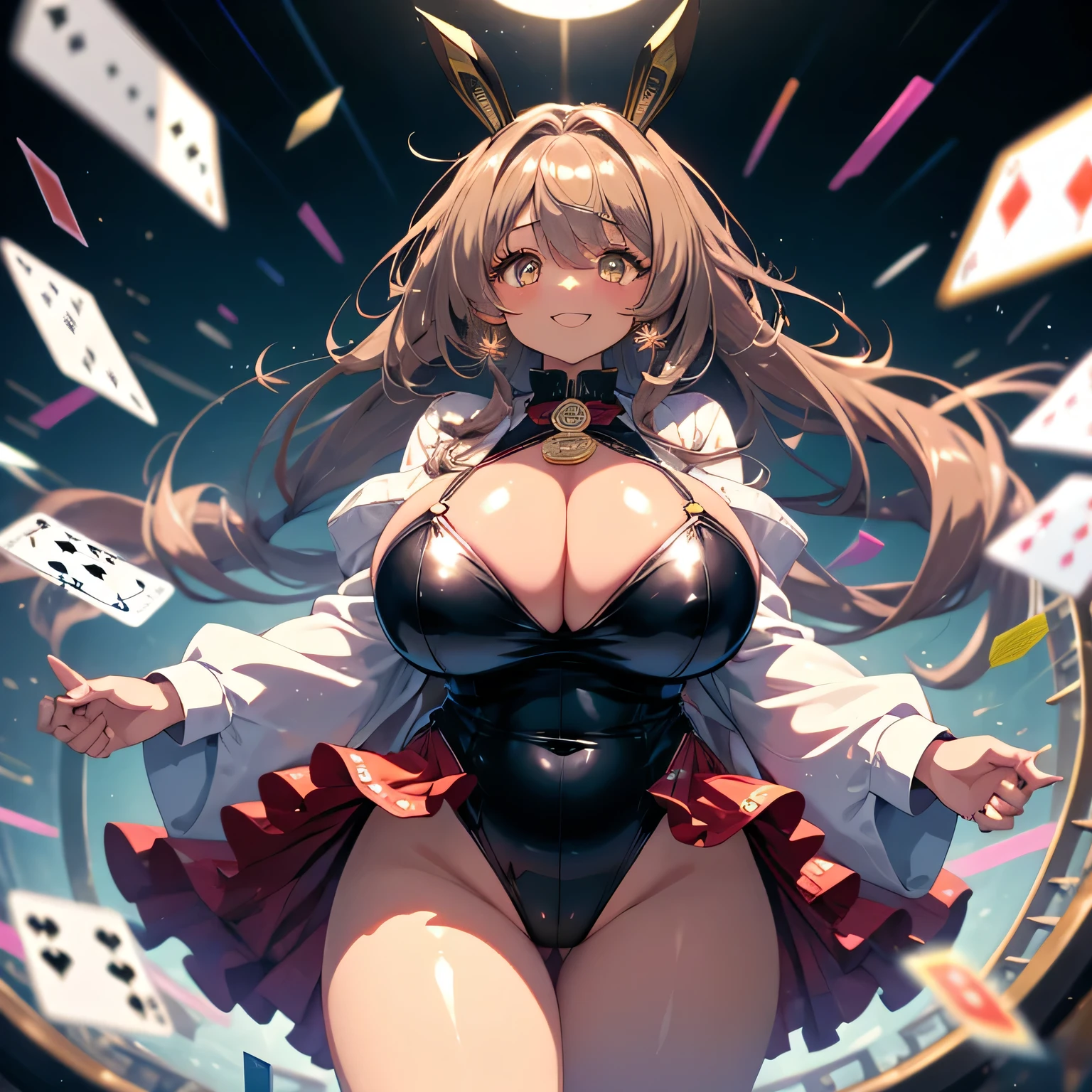 Anime illustration、highest quality、Fantasy、Luxury Casino、A plump bunny girl with brown skin、A giant roulette wheel behind、Bunny ears、Perfect proportions、Big Breasts、Thick legs、Beautiful, shining eyes、smile、Cowboy Shot、Leg spread、Scattered Cards