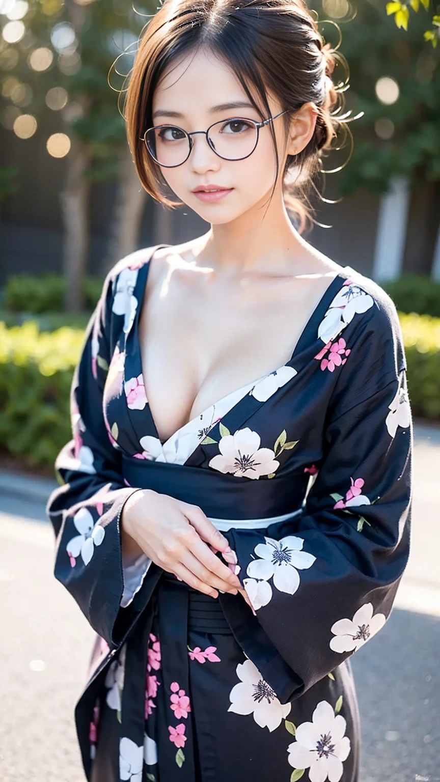 (masterpiece, highest quality:1.4), Beautiful Face, 8k, 85mm, Absurd, (Jet black floral yukata:1.2), Face close-up, violet, Gardenia, Delicate girl, alone, night, View your audience, Upper Body, Film Grain, chromatic aberration, Sharp focus, Face Light, Professional Lighting, Sophisticated, (smile:0.4), (Simple Background, Bokeh Background:1.2), detailed aspects,(Show one breast:1.2)((Very young and immature & Very few & Very flat chest:1.2),(Pink fashion glasses,0.4),(Very small and very shiny shaved pussy:1),