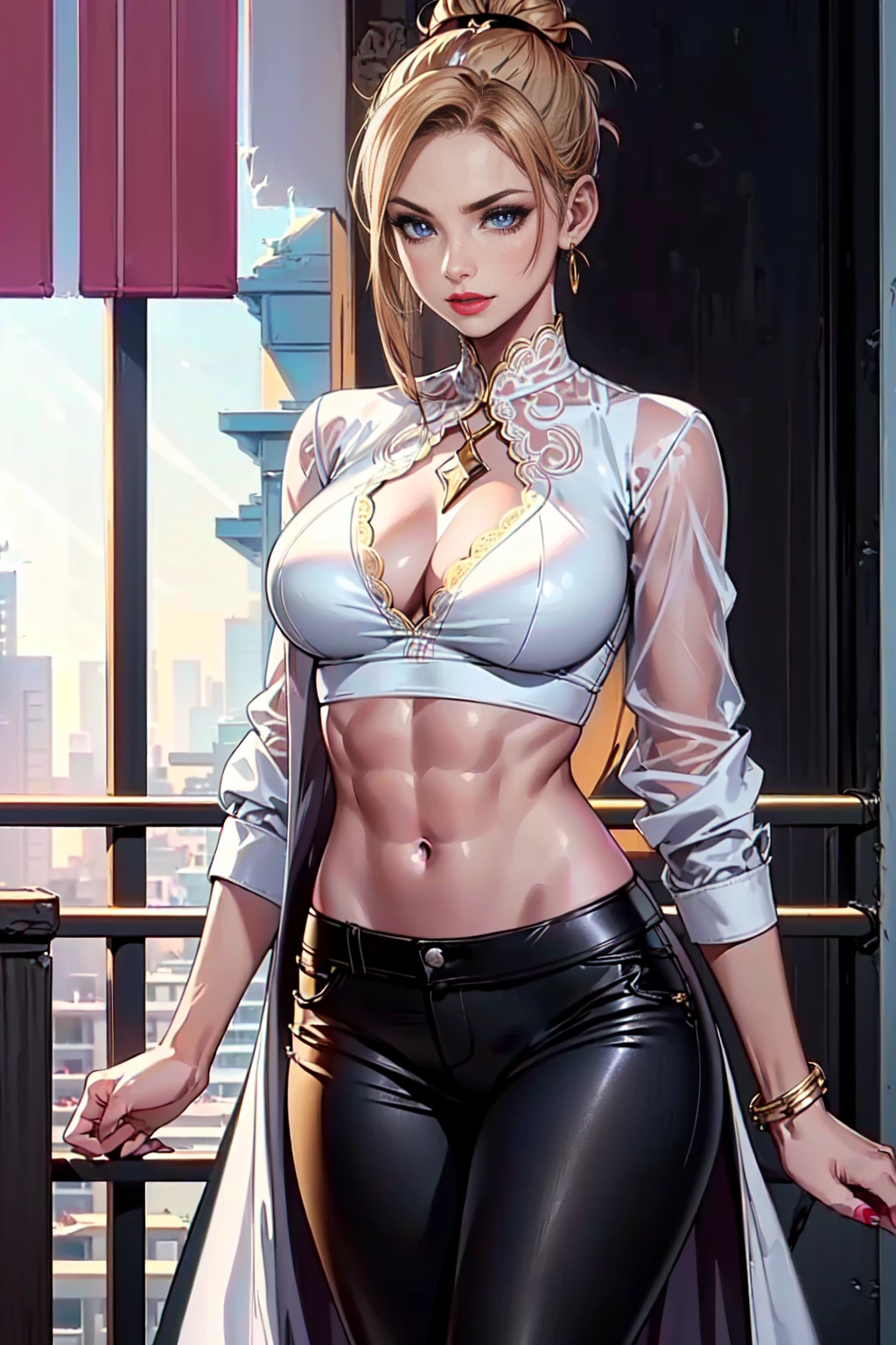 ((1girl, solo, Reina Morimoto, morimoto_reina, (blue eyes, hair bun, high bun of hair), lipstick, jade earrings, muscular, fitness)), beautiful)), ((solo, (1woman, pink lipstick), Extremely detailed, ambient soft lighting, 4k, perfect eyes, a perfect face, perfect lighting, a 1girl)), ((fitness, shapely body, athletic body, toned body)),, (((white shirt, white blouse, black pants, leather pants, gold jewelry, apartment, balcony, white lace)))