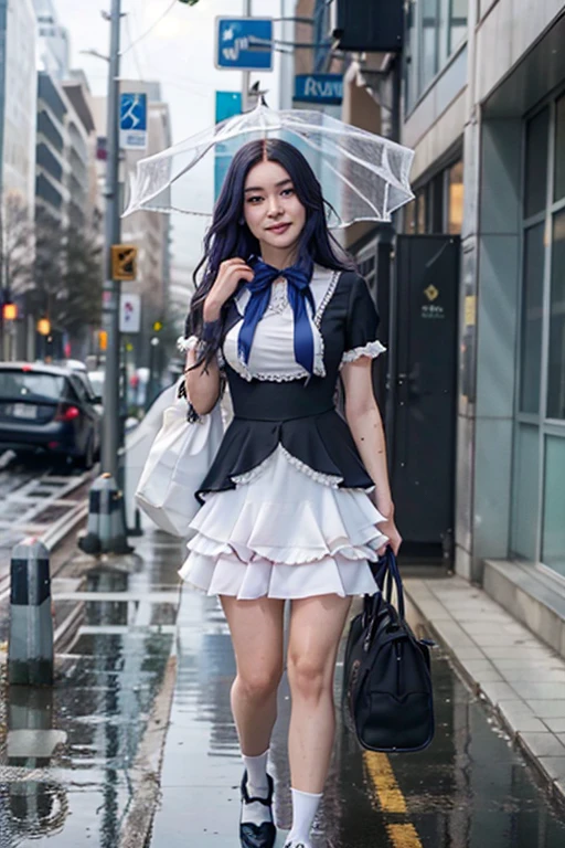 (masterpiece),best quality, frederica bernkastel,dress, tail bow, cat tail, bowtie, purple eyes, purple hair,mary janes, socks, blank eyes, empty eyes, (raining day:1.2), cloud, street, sidewalk, wet clothes, photorealistic, ((16k photography)), detailed face, ((Best Quality, Masterpiece: 1.3)), Sharp Focus: 1.2, A Beautiful Woman with Perfect Figure: 1.4, Slim Abs: 1.2, (Layered Hairstyle,: 1.2)), Rain: 1.3, Street: 1.2, Wet Body: 1.1, Highly Detailed Face and Skin Texture, Detailed Eyes, Double Eyelids, Big Breasts, Smile, irene1, CGI photography hyper realistic