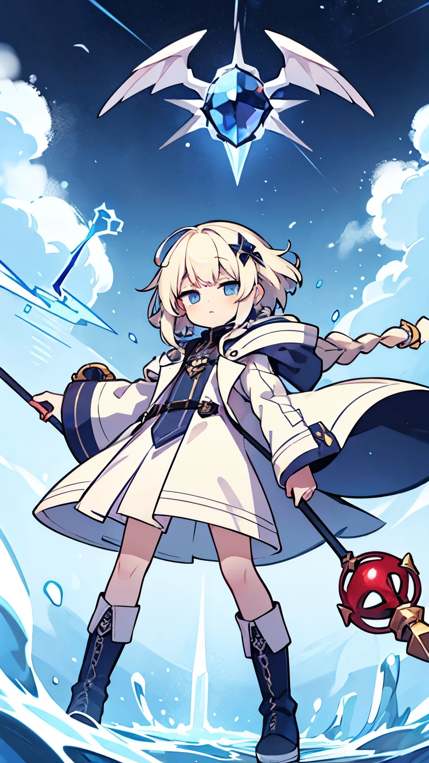 Unknown gender,Age unknown,Platinum blonde curly short hair,Partial long hair braids,Ice Blue Eyes,White coat-like jacket,The clothes inside are navy blue,Boots underfoot,Flying in the sky,Alchemist,He is casting spells while holding a large staff with a red jewel on it.,Final Boss