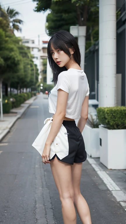 Black shorts、There is white trim at the hem、There is a small slit at the hem、Very short pants、Small Ass、Beautiful Skin、Beautiful thighs、stylish、Long legs、Sporty design、(Full body shot)