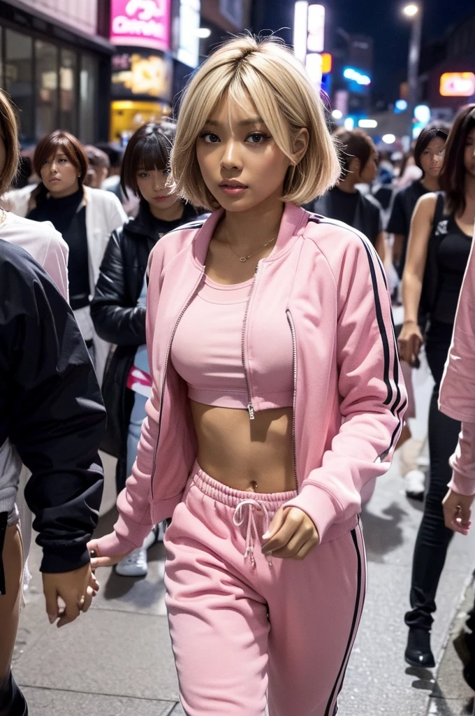 Ass, gyaru, dark-skinned, close up shot, shiny oiled skin, short cut hair, blond hair, wearing pink trackjackets, wearing pink thongs, in night shibuya city