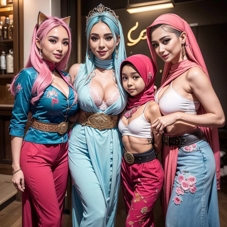 (three girls, 3 cute girls:1.5) bestquality,master-piece,High resolution with high detail,(brilliant:1.4),raw photograph,,optical illusion,1girle,(Solo exhibitions:1.2),(cowboy lens:1.2),(Hair crown:1.2),Traditional costumes of Dunhuang, china,strapless,(red eyeliner:1.2),(Black eyes:1.4),earings,dynamic angle,entertainment,messy_long_hair,ink,cinematic light,lanelare,Velvet,chrysanthemum,tassels,ribbons,Colorful embroidery,upper half body,Facing the lens,Dynamic Poses,large,Embroidered shoes, red bra, all red, oppai proportions, sexy :8k, 4 k, big breasts!, bottom angle, big breasts!!, Malay beauties, biomechanical oppai, fujita goro and jones, thicc, wearing hijab, hijab star, hijab gorgeous, hijab super model, Malaysian girls group,malay, The whole body consists of a young girl with hijab, Eye makeup, 21yo, Cat ears, Soft lighting, group, Wear shabby clothes, Dirty, Tattered futuristic bikini, Cat's paw badge, Pose, spot color, rendering by octane, Ultra-realistic intricate details, Cinematic, 8K resolution, 70mm, emphasis lighting, Global illumination, (((wearing a Sexy belt design by LV))) Surreal full-body figure, Beautiful and delicate body and face, gorgeous figure, ssmile, Titillating,Surreal full-body figure,Beautiful and detailed body and face, Super vista, White skin of the, vivd colour,🔥8k, (masterpiece), (((highest quality)), (super detailed), 2 girls, (iridescent hair, colorful hair, half blue and half pink hair: 1.2), 38 years old, (Gorgeous Malay Girls: 1.2), outdoor, bangs, smile, sky blue eyes, perfect hands, perfect hands, hand details, corrected fingers. Earrings, Night Store + Background, looking_at_viewer, Cowboy Shot, Top Quality, Rich Detail, Perfect Image Quality, big breasts, slender body