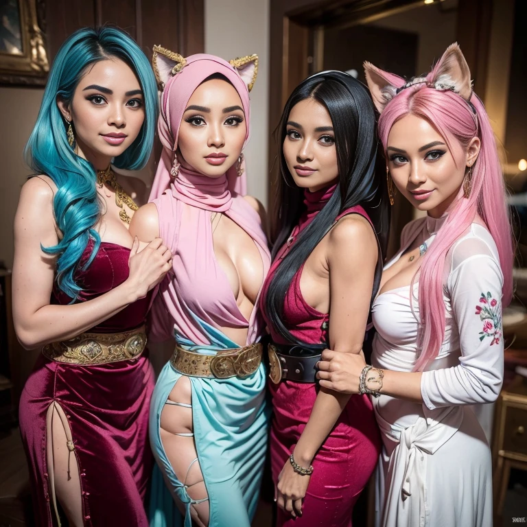 (three girls, 3 cute girls:1.5) bestquality,master-piece,High resolution with high detail,(brilliant:1.4),raw photograph,,optical illusion,1girle,(Solo exhibitions:1.2),(cowboy lens:1.2),(Hair crown:1.2),Traditional costumes of Dunhuang, china,strapless,(red eyeliner:1.2),(Black eyes:1.4),earings,dynamic angle,entertainment,messy_long_hair,ink,cinematic light,lanelare,Velvet,chrysanthemum,tassels,ribbons,Colorful embroidery,upper half body,Facing the lens,Dynamic Poses,large,Embroidered shoes, red bra, all red, oppai proportions, sexy :8k, 4 k, big breasts!, bottom angle, big breasts!!, Malay beauties, biomechanical oppai, fujita goro and jones, thicc, wearing hijab, hijab star, hijab gorgeous, hijab super model, Malaysian girls group,malay, The whole body consists of a young girl with hijab, Eye makeup, 21yo, Cat ears, Soft lighting, group, Wear shabby clothes, Dirty, Tattered futuristic bikini, Cat's paw badge, Pose, spot color, rendering by octane, Ultra-realistic intricate details, Cinematic, 8K resolution, 70mm, emphasis lighting, Global illumination, (((wearing a Sexy belt design by LV))) Surreal full-body figure, Beautiful and delicate body and face, gorgeous figure, ssmile, Titillating,Surreal full-body figure,Beautiful and detailed body and face, Super vista, White skin of the, vivd colour,🔥8k, (masterpiece), (((highest quality)), (super detailed), 2 girls, (iridescent hair, colorful hair, half blue and half pink hair: 1.2), 38 years old, (Gorgeous Malay Girls: 1.2), outdoor, bangs, smile, sky blue eyes, perfect hands, perfect hands, hand details, corrected fingers. Earrings, Night Store + Background, looking_at_viewer, Cowboy Shot, Top Quality, Rich Detail, Perfect Image Quality, big breasts, slender body