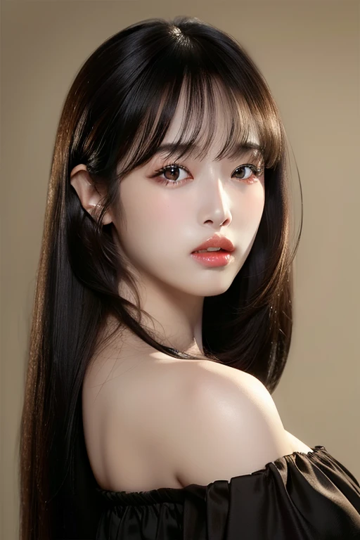 Best quality, masterpiece, ultra high res, (photorealistic:1.4), raw photo,1girl, solo, realistic, lips, looking at viewer, teeth, long hair,  parted lips, nose, close-up, brown hair, simple background, brown eyes, black dress, off shoulder