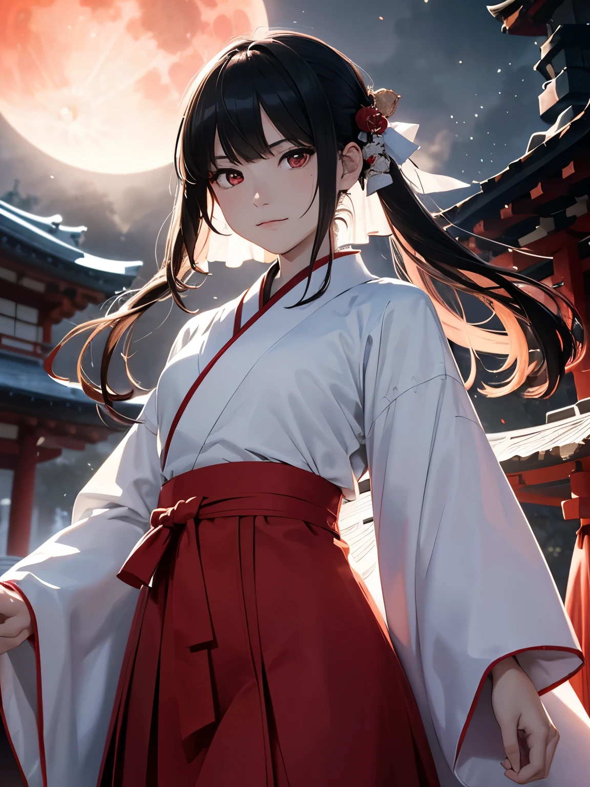 Japanese shrine maiden, girl, shrine, mysterious, human, shrine maiden clothes, short and slender person, standing, white skin, white skin, long black hair, red eyes, crazy smile, beautiful face, night, Beautiful face, white and red clothes, beautiful limbs, tamagushi, white jacket, sleeves, white gloves, traditional clothes, red skirt, black moon, red moon, looking at the viewer, intimidating gaze, drawing style, dynamic light, ultra detail, extremely detailed CG, micro intricate, highly detailed skin, highly detailed face, highly detailed pupils, highly detailed iris, RAW photo, best quality, high resolution, ((masterpiece)), realistic, sharp focus, HDR, 8K resolution, intricate detail, sophisticated detail, hyper detailed, (depth of field), highlight and shadow, volumetric lighting, highly detailed background, by Kentaro Miura:1.1, comicbookpencils:0.9, greyscale(line art:1.1)