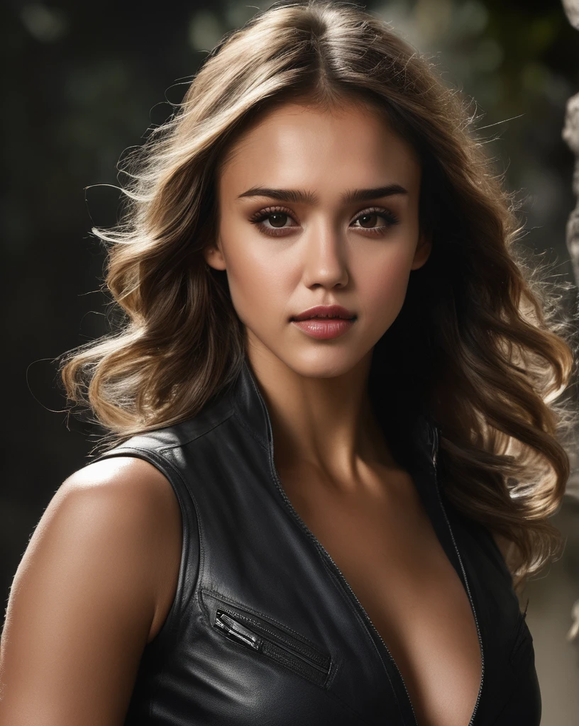 jessica_alba, portrait, solo, full body, looking at viewer, detailed background, (action movie theme), spy, espionage, secret mission, heist, covert operation, gadgets, black tank top, black leather clothes,, ((sharp face, detailed face, realistic face, naturtal skin, realistic skin, detailed skin, pores, detailed eyes,realistic eyes)),, (masterpiece, best quality, ultra-detailed, best shadow), high contrast, (best illumination), ((cinematic light)), colorful, hyper detail, dramatic light, intricate details, (1 girl, solo) , ultra detailed artistic photography, dreamy, backlit, shadows, ultra high definition, 8k, ultra sharp focus, ultra high quality model, soft lighting, film photography, analogue photography, hyperrealism,