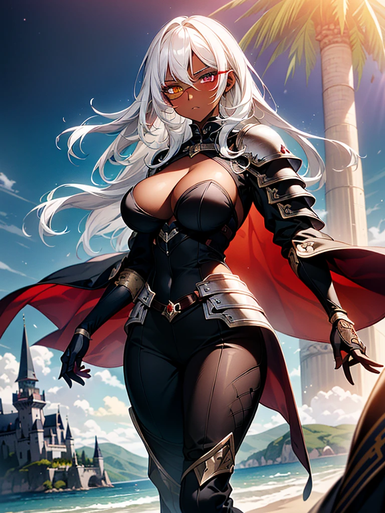 (masterpiece, best quality), (Official art, masterpiece, 8k, ultra-detailed), ultra-detailed, photo of a beautiful 32 year old woman, ((dark skin)), white hair, wearing round glasses on her face, eyes red and yellow, wearing a tight black jumpsuit, with light armor, large, ultra-detailed breasts, (ultra-detailed face), (1 dark-skinned woman), long white hair, ((((Heterochromia in eyes, ultra-detailed red and yellow eyes)))), (very detailed eyes: 1,2), (((ultra-detailed red and yellow eyes))), heterochromia of red and yellow eyes very well presented, (wearing round glasses on the face very detailed: 1,2), well designed glasses, ((gauntlets and high heel boots)), witch items, belts, (ideal body proportion), ((black jumpsuit with light armor)), ultra detailed character, wallpaper, pinterest, Fantasy Art, (Fantasy art), fantasy scene, (medieval magic village), wallpaper, pinterest, front photo, exterior, cinematic photo, natural light, beach photo, wallpaper, pinterest, badass image, perfect photo, volumetric lighting