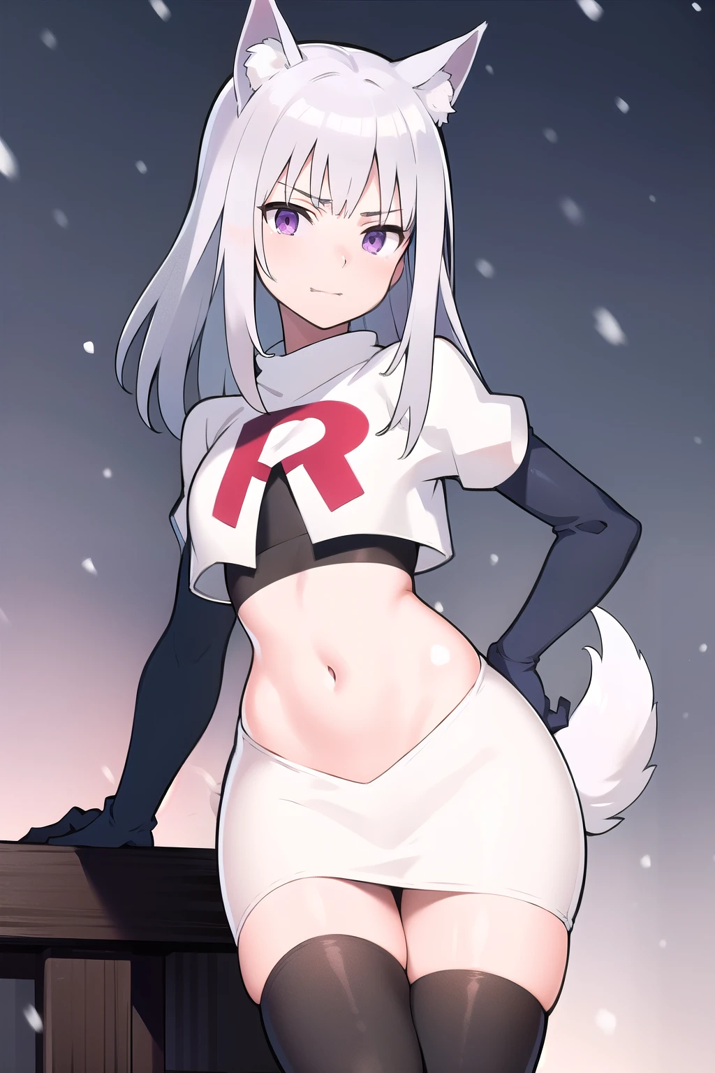 shyreifaolan, shyrei faolan, bangs, white hair, hair ornament, animal ears, twintails, (purple eyes:1.1), tail, ahoge, cat ears, cat tail, low twintails, facial mark, cat girl, tail ornament, medium hair,
team rocket,team rocket uniform, red letter R, white skirt,white crop top,black thigh-highs ,black elbow gloves
BREAK looking at viewer,
BREAK (masterpiece:1.2), best quality, high resolution, unity 8k wallpaper, (illustration:0.8), (beautiful detailed eyes:1.6), extremely detailed face, perfect lighting, extremely detailed CG, (perfect hands, perfect anatomy),