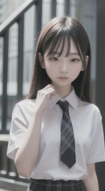 masterpiece, best quality, 8k, 85mm portrait, absurdres, beautiful girl, (night, upper body:1.5), cute, street, (school uniform, white shirt, short sleeve, dark grey pleated plaid skirt, dark grey tie:1.2), long hair, slender, neon, (Lianyungang, Akishima, Yeonggwang:0.4), no makeup, perspective, depth of field, ultra realistic, highres, photography, sharp focus, HDR, facelight, dynamic lighting, highest detailed, extreme detailed, ultra detailed, finely detail, real skin, delicate facial features