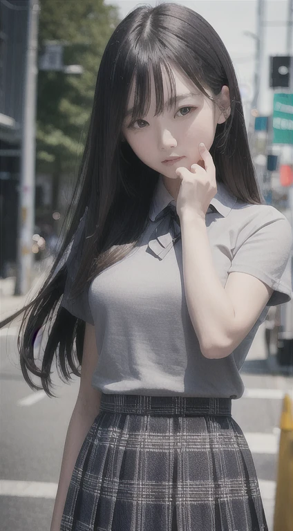 very smilimg,(best quality)++,(masterpiece)++,(ultra detailed)++,(highres)++,(8k portrait)++,production art,((Add layer)),upper body,from side,1girl,solo,cityscape, tokyo scenery,rooftop,noon,blue sky,(wind:1.2),delicate face,look far away,white fur ear,green eyes,short sleeve school uniform,silver blue striped tie,blue tartan skirt,hands on hips,stare into the distance,