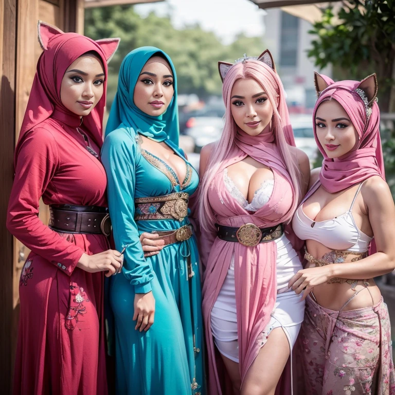 (three girls, 3 cute girls:1.5) bestquality，master-piece，High resolution with high detail，（brilliant：1.4），raw photograph，，optical illusion，1girle，（Solo exhibitions：1.2），（cowboy lens：1.2），（Hair crown：1.2），Traditional costumes of Dunhuang, china，strapless，（red eyeliner：1.2），（Black eyes：1.4），earings，dynamic angle，entertainment，messy_long_hair，ink，cinematic light，lanelare，Velvet，chrysanthemum，tassels，ribbons，Colorful embroidery，upper half body，Facing the lens，Dynamic Poses，large，Embroidered shoes, red bra, all red, oppai proportions, sexy :8k, 4 k, big breasts!, bottom angle, big breasts!!, Malay beauties, biomechanical oppai, fujita goro and jones, thicc, wearing hijab, hijab star, hijab gorgeous, hijab super model, Malaysian girls group,malay, The whole body consists of a young girl with hijab, Eye makeup, 21yo, Cat ears, Soft lighting, group, Wear shabby clothes, Dirty, Tattered futuristic bikini, Cat's paw badge, Pose, spot color, rendering by octane, Ultra-realistic intricate details, Cinematic, 8K resolution, 70mm, emphasis lighting, Global illumination, (((wearing a Sexy belt design by LV))) Surreal full-body figure, Beautiful and delicate body and face, gorgeous figure, ssmile, Titillating，Surreal full-body figure，Beautiful and detailed body and face, Super vista, White skin of the, vivd colour,🔥8k, (masterpiece), (((highest quality)), (super detailed), 2 girls, (iridescent hair, colorful hair, half blue and half pink hair: 1.2), 38 years old, (Gorgeous Malay Girls: 1.2), outdoor, bangs, smile, sky blue eyes, perfect hands, perfect hands, hand details, corrected fingers. Earrings, Night Store + Background, looking_at_viewer, Cowboy Shot, Top Quality, Rich Detail, Perfect Image Quality, big breasts, slender body