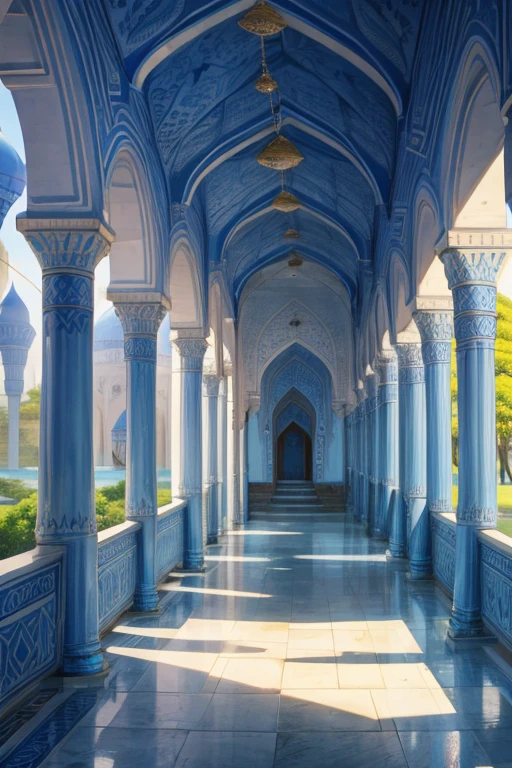 Blue Muslim palace with rivers and vegetation with towers with Arabic engravings