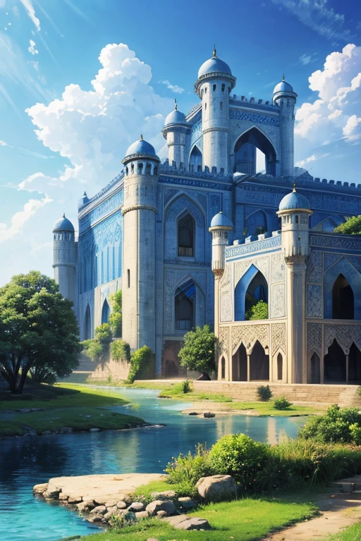 Blue Muslim palace with rivers and vegetation with towers with Arabic engravings
