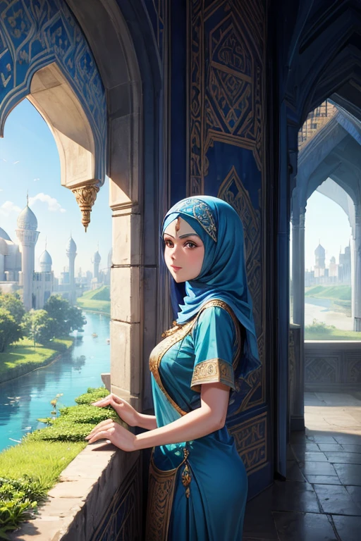 Blue Muslim palace with rivers and vegetation with towers with Arabic engravings