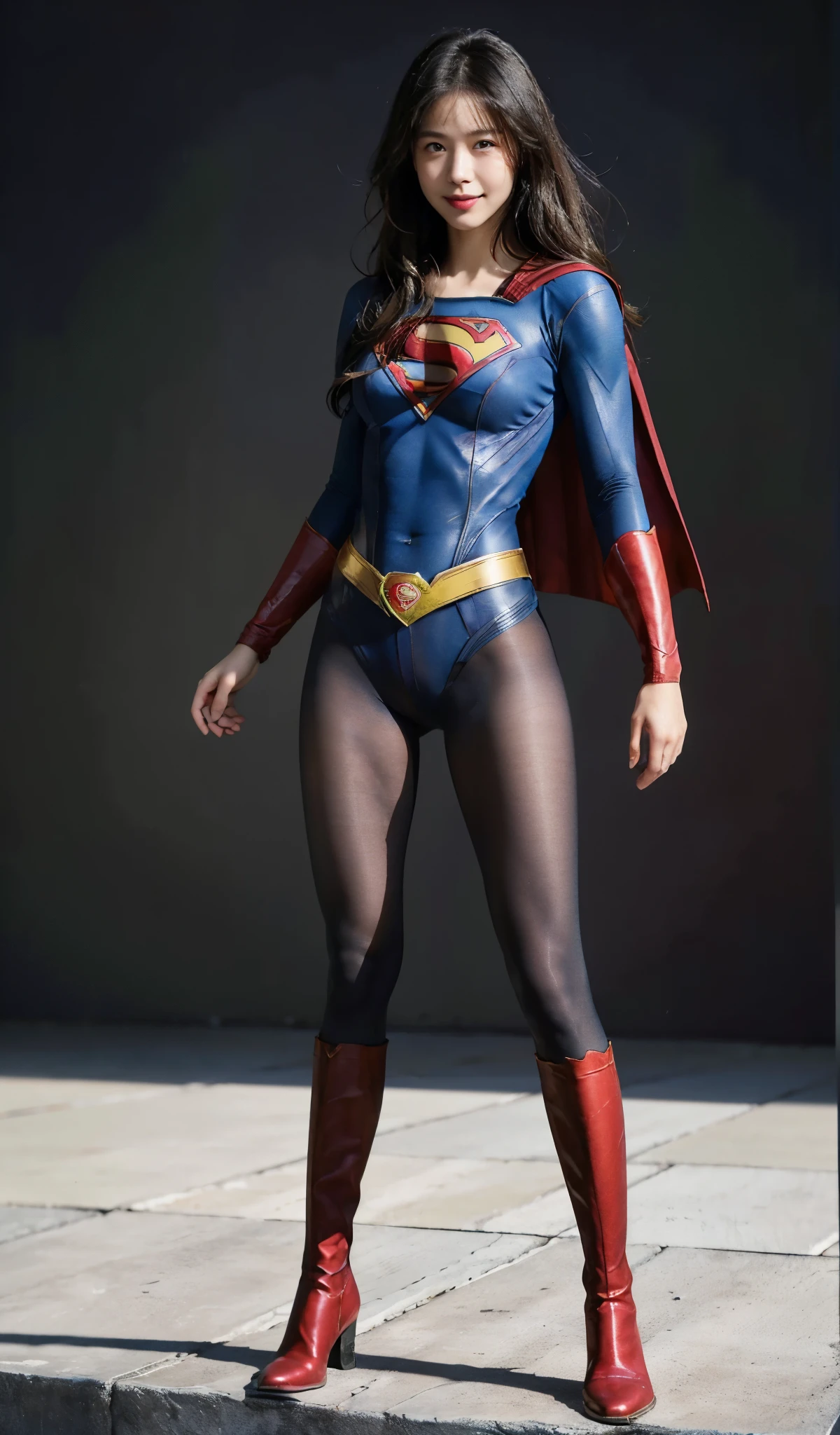 No background、(((Beautiful legs in black tights.)))、(((Legally express the beauty of your smile)))、((((Make the most of your original images)))、(((Supergirl Costume)))、(((Beautiful Hair)))、(((suffering)))、(((Please wear black tights....、Wear red boots)))、((Best image quality、8k))、((highest quality、8k、masterpiece:1.3))、(((Preserve background )))、Sharp focus:1.2、Beautiful woman with perfect figure:1.4、Slim Abs:1.2、Wet body:1.5、Highly detailed face and skin texture、8k