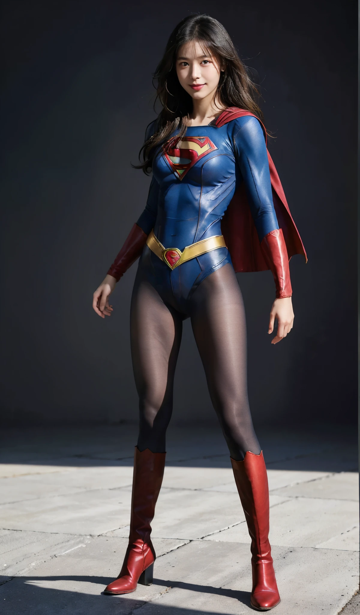 No background、(((Beautiful legs in black tights.)))、(((Legally express the beauty of your smile)))、((((Make the most of your original images)))、(((Supergirl Costume)))、(((Beautiful Hair)))、(((suffering)))、(((Please wear black tights....、Wear red boots)))、((Best image quality、8k))、((highest quality、8k、masterpiece:1.3))、(((Preserve background )))、Sharp focus:1.2、Beautiful woman with perfect figure:1.4、Slim Abs:1.2、Wet body:1.5、Highly detailed face and skin texture、8k