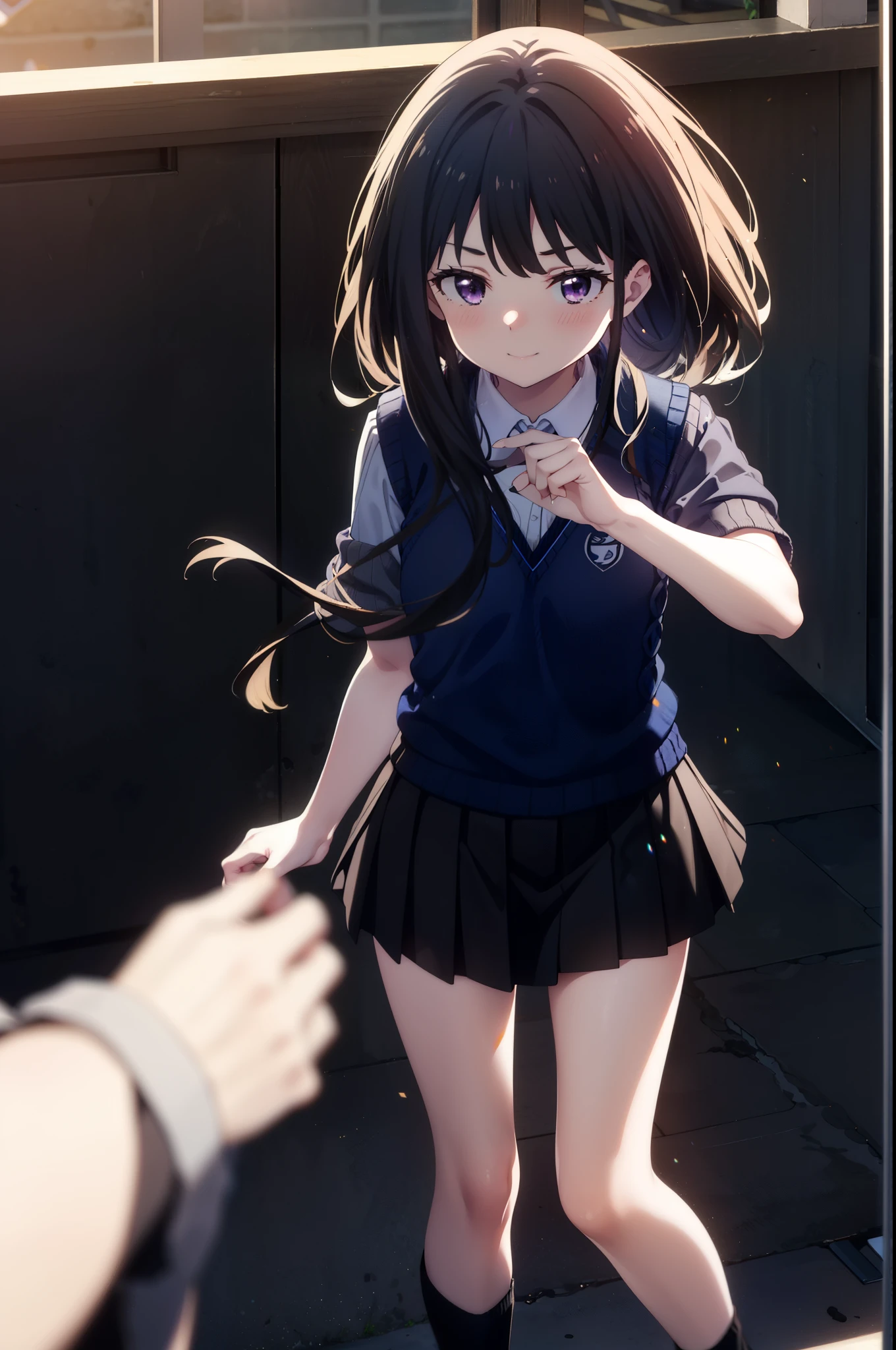 Takiuchi, Inoue Check, Long Hair, bangs, Black Hair, (Purple eyes:1.2),smile,blush,
white yシャツ, Short sleeve, Pleated skirt, socks, Collared shirt, mini skirt, Black Pantyhose, (Black Skirt:1.5), Sweater vest, (blue Sweater vest:1.5),Brown Loafers,Daytime,sunny,walking，whole bodyがイラストに入るように,　　　　　　　break looking at viewer, whole body, 
break indoors, School　corridor,
break (masterpiece:1.2), highest quality, High resolution, unity 8k wallpaper, (shape:0.8), (Beautiful details:1.6), Highly detailed face, Perfect lighting, Extremely detailed CG, (Perfect hands, Perfect Anatomy),