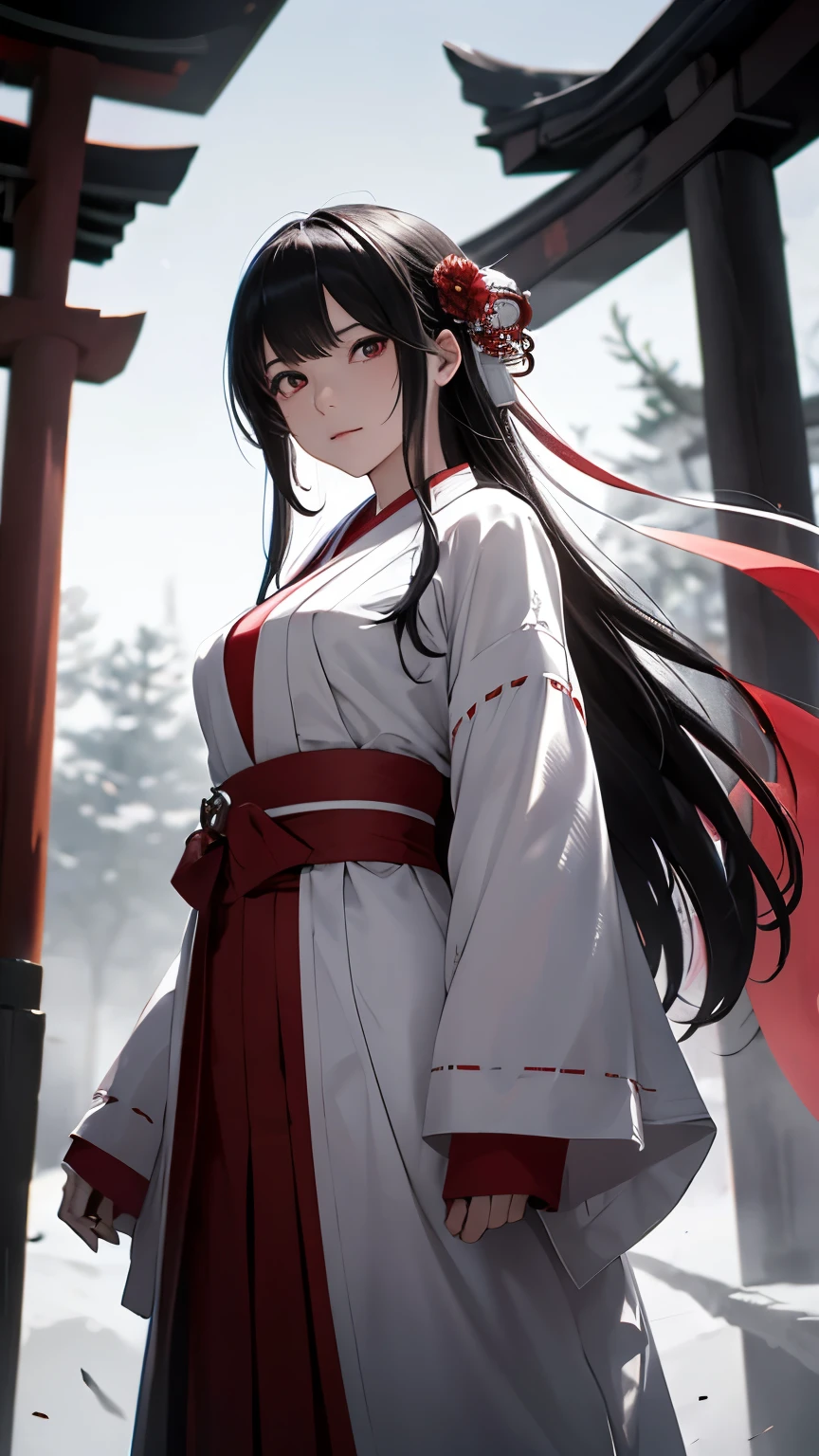 Japanese shrine maiden, girl, shrine, mysterious, human, shrine maiden clothes, short and slender person, standing, white skin, white skin, long black hair, red eyes, crazy smile, beautiful face, night, Beautiful face, white and red clothes, beautiful limbs, tamagushi, white jacket, sleeves, white gloves, traditional clothes, red skirt, black moon, red moon, looking at the viewer, intimidating gaze, drawing style, dynamic light, ultra detail, extremely detailed CG, micro intricate, highly detailed skin, highly detailed face, highly detailed pupils, highly detailed iris, RAW photo, best quality, high resolution, ((masterpiece)), realistic, sharp focus, HDR, 8K resolution, intricate detail, sophisticated detail, hyper detailed, (depth of field), highlight and shadow, volumetric lighting, highly detailed background, by Kentaro Miura:1.1, comicbookpencils:0.9, greyscale(line art:1.1)