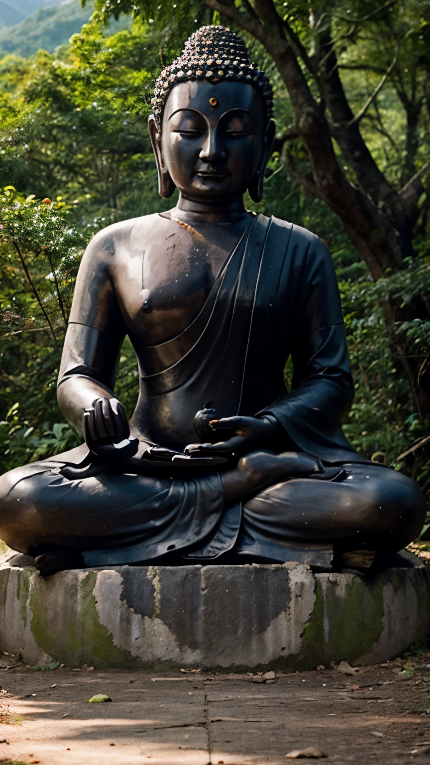 Lord buddha sit on mountain and doing meditation and baground are beautiful like forest and many animals walking around him.