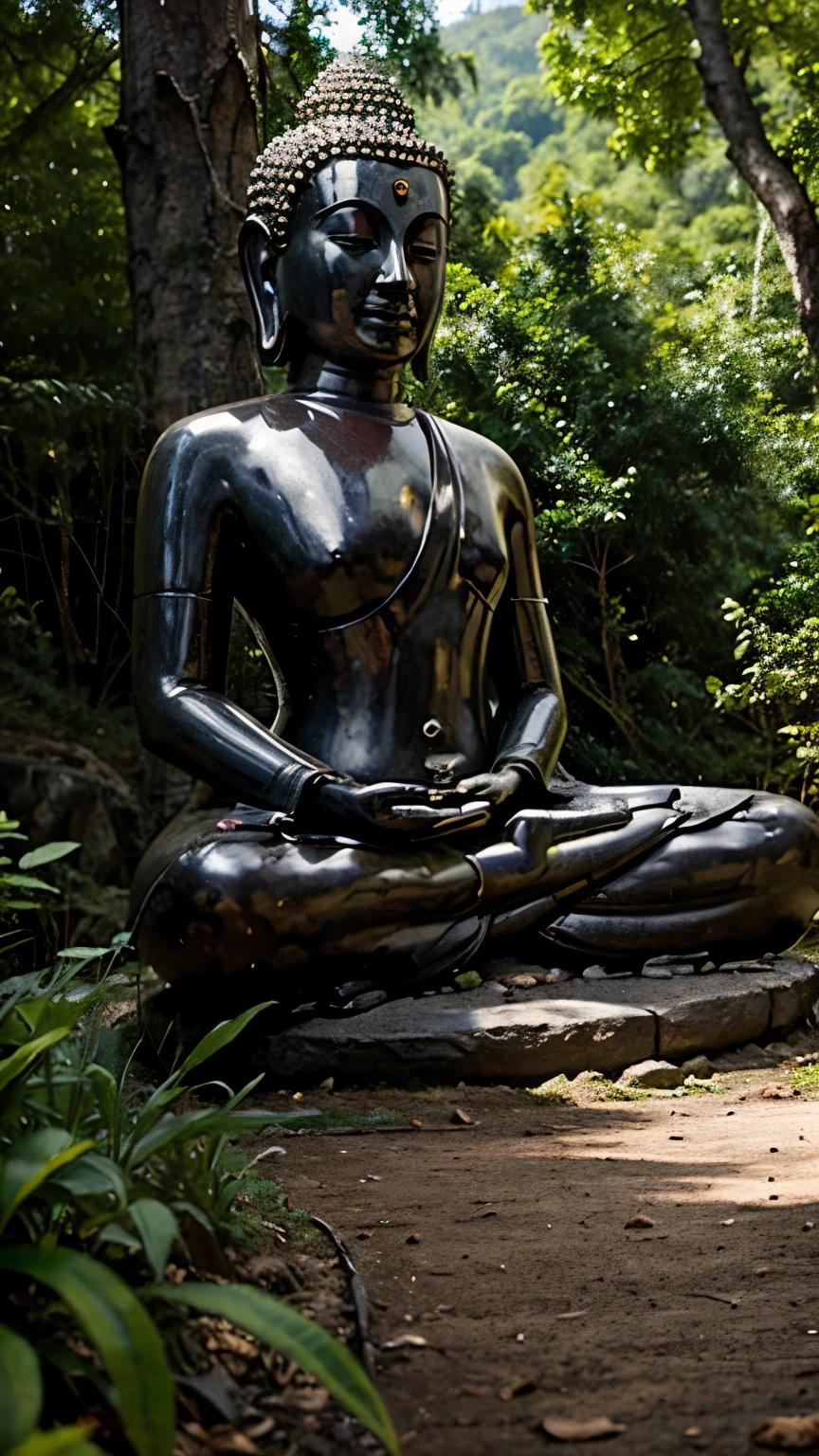 Lord buddha sit on mountain and doing meditation and baground are beautiful like forest and many animals walking around him.