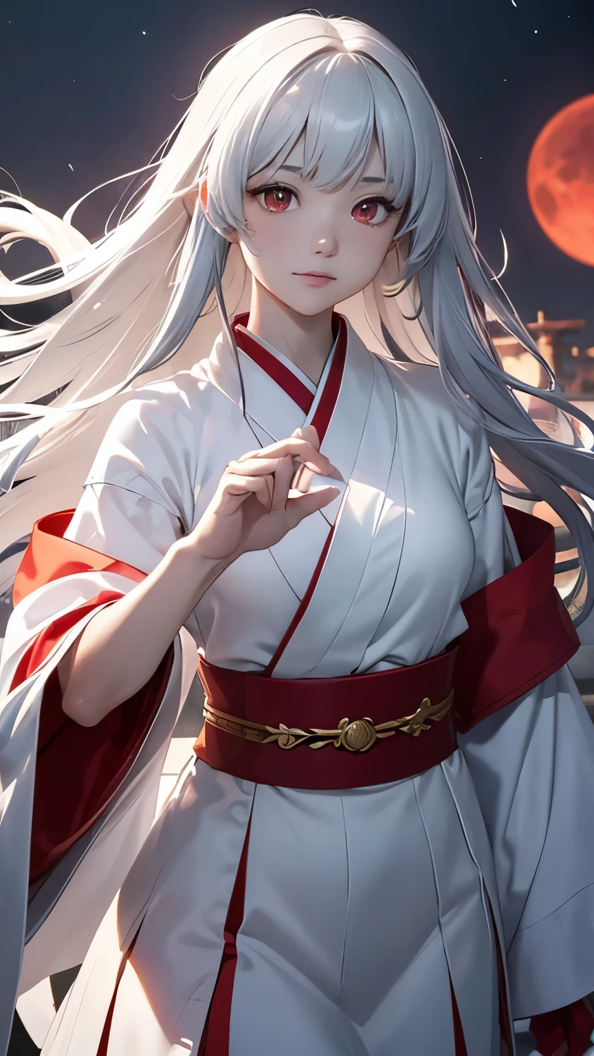 Japanese shrine maiden, girl, shrine, mysterious, human, shrine maiden clothes, short and slender person, standing, white skin, white skin, long black hair, red eyes, crazy smile, beautiful face, night, Beautiful face, white and red clothes, beautiful limbs, tamagushi, white jacket, sleeves, white gloves, traditional clothes, red skirt, black moon, red moon, looking at the viewer, intimidating gaze, drawing style, dynamic light, ultra detail, extremely detailed CG, micro intricate, highly detailed skin, highly detailed face, highly detailed pupils, highly detailed iris, RAW photo, best quality, high resolution, ((masterpiece)), realistic, sharp focus, HDR, 8K resolution, intricate detail, sophisticated detail, hyper detailed, (depth of field), highlight and shadow, volumetric lighting, highly detailed background, by Kentaro Miura:1.1, comicbookpencils:0.9, greyscale(line art:1.1)