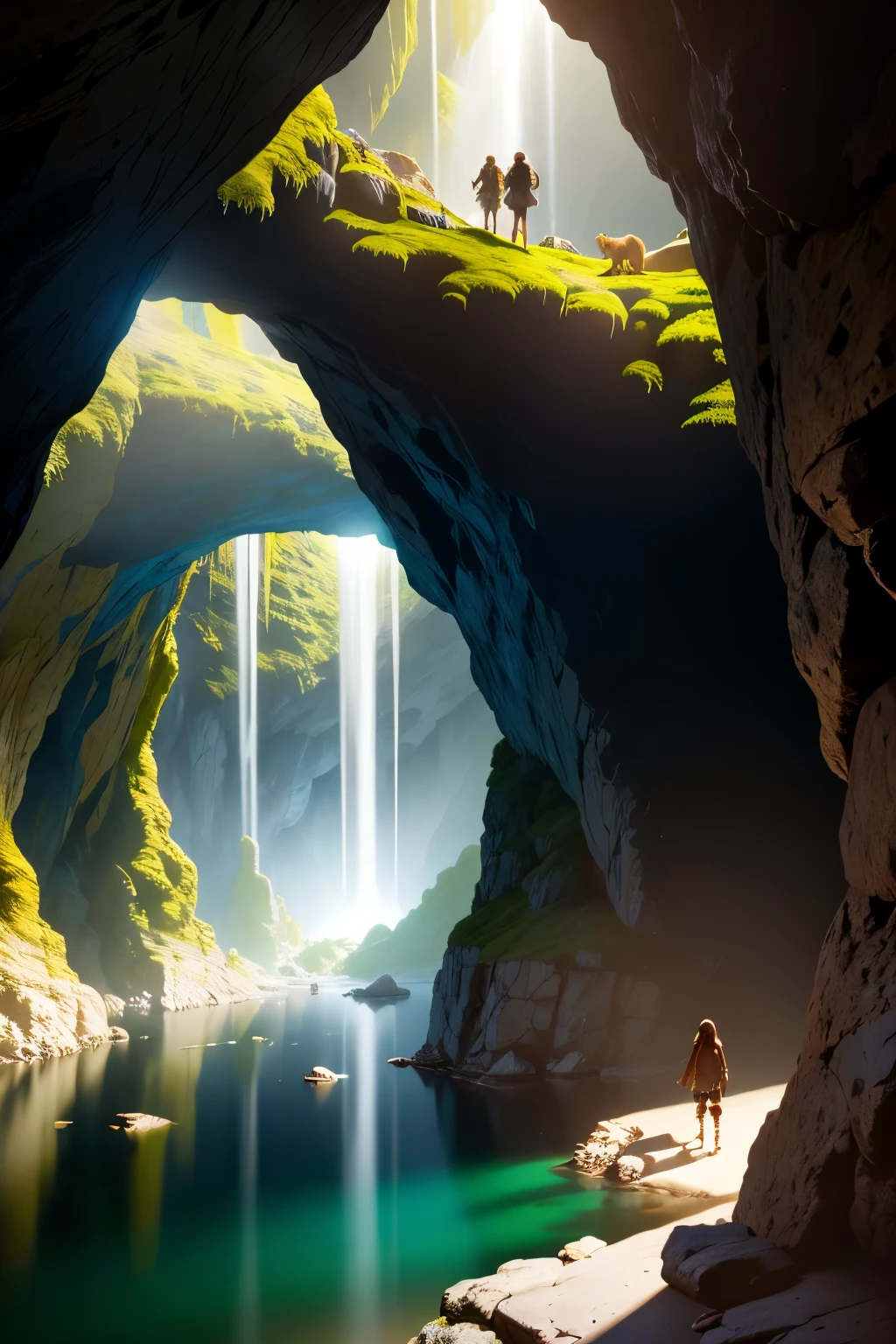 Highly detailed, an ancient cave, two girls explore the cave, they have flashlights in their hands, shadows on the rock walls, mysterious environment, stalactites, stalagmites