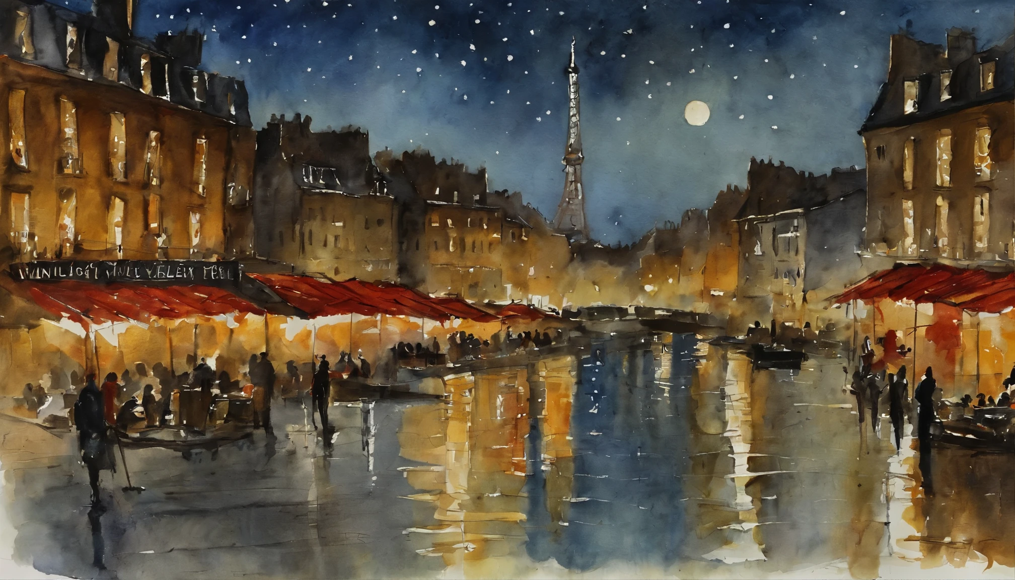 Art by William Nicholson,、night、((starry sky))、((table top)),((highest quality)),((high details)),((realistic,)) The overall gloom of the industrial age、Night City, european cities、deep valley in the middle, architecture street, bazaar,Red Tent、 Cafe, European architecture、eiffel tower、