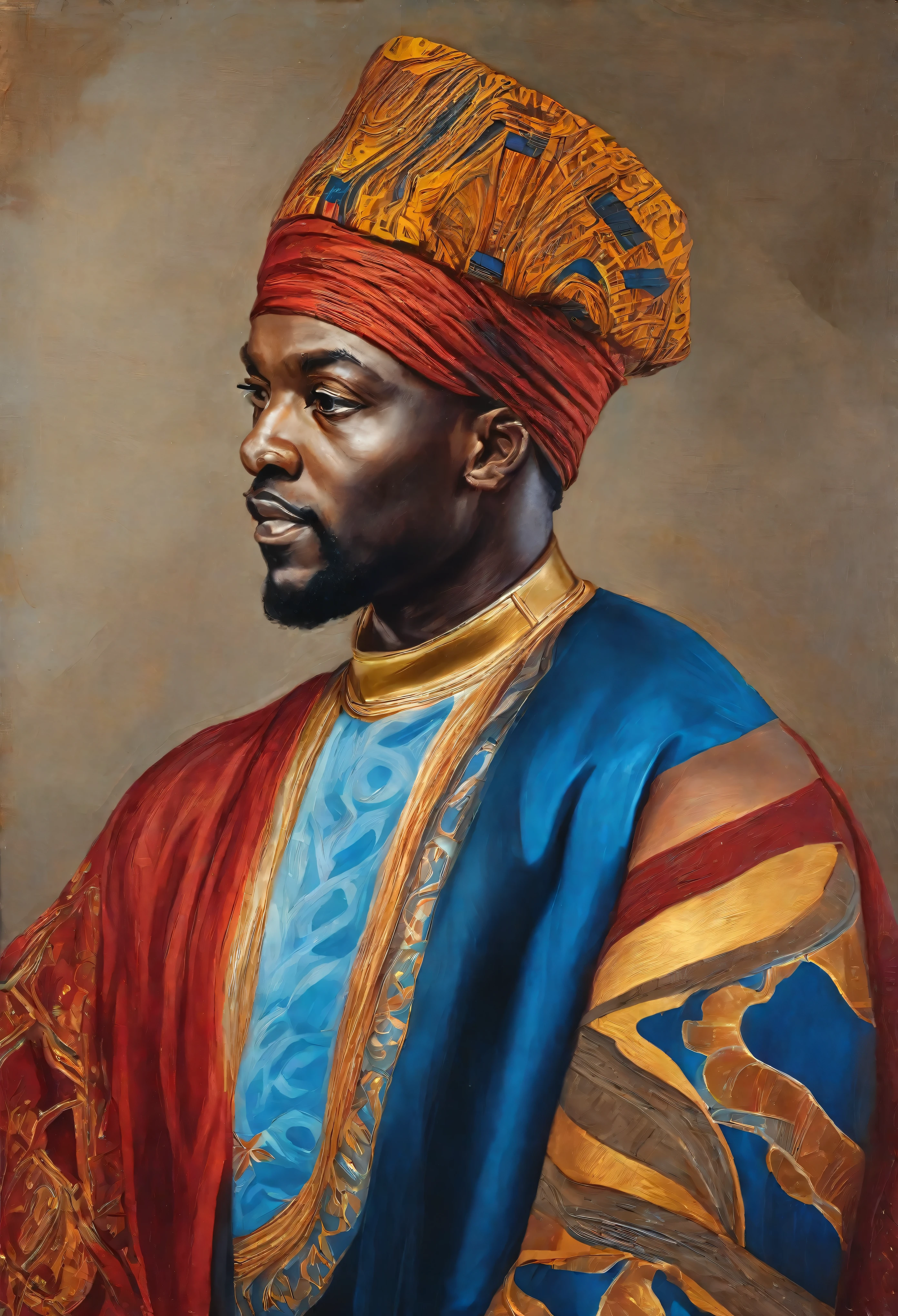 oil painting of a handsome black king, wearing african turban, rich red-blue-gold african clothes, with details, high definition, renaissance style