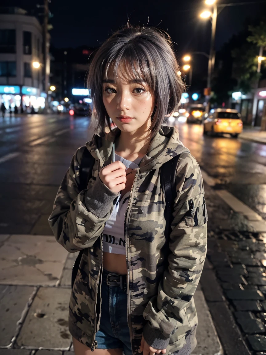 (1 lady), (Best quality at best:1.4), (ultra - detailed), (extremely detailed CG unified 16k), A Beautiful Woman with Perfect Figure: 1.4, Sharp Focus: 1.2, very detailed, High-definition RAW color photo, professional photoshooting, amazing face and eyes, cosmetics, (amazingly beautiful girl), ((yuki)), ((winter clothes, camo clothes, two patterns camo clothes)), standing, sexyposture，(Stylish urban landscape, day light), (look from down), realistic cinematic face, head to feet long wide zoomed out view, full body long view, photorealistic, ((realistic natural grayish purple hair style, yellowish eyes)), gorgeous, extremely beautiful face, perfect model beauty, pout mouth, Highly Detailed Face and Skin Texture, Detailed Eyes, Double Eyelids, Big Breasts, inexpressive face, cleavages, western, (masterpiece), best quality, high resolution, extremely detailed, blurred background, depth of field, cinematic lighting, amazing legs, clear and well-cared skin