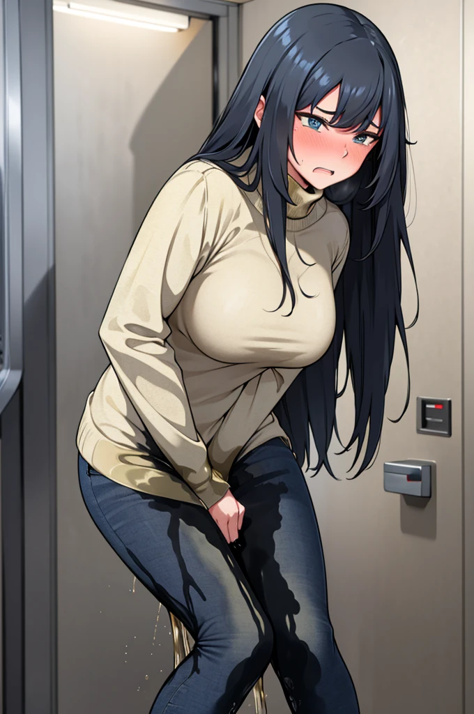 A woman with very long black hair, (very long hair:1.25) and (long bangs:1.5), wearing a stylish wool turtleneck sweater with jeans, long sleeves, (low-rise jeans:1.25), (low-cut jeans:1.25), standing. The artwork is inspired by manga and incorporates a doujin style. The woman appears to be (wetting herself:1.5), which causes her to feel embarrassed and humiliated, resulting in a blush on her face. In addition, there is an air of anger in her expression. The lighting in the scene is moody, with a spotlight highlighting the woman's figure, She has a very large pee stain that covers almost the entire front of her jeans., large breasts, skinny