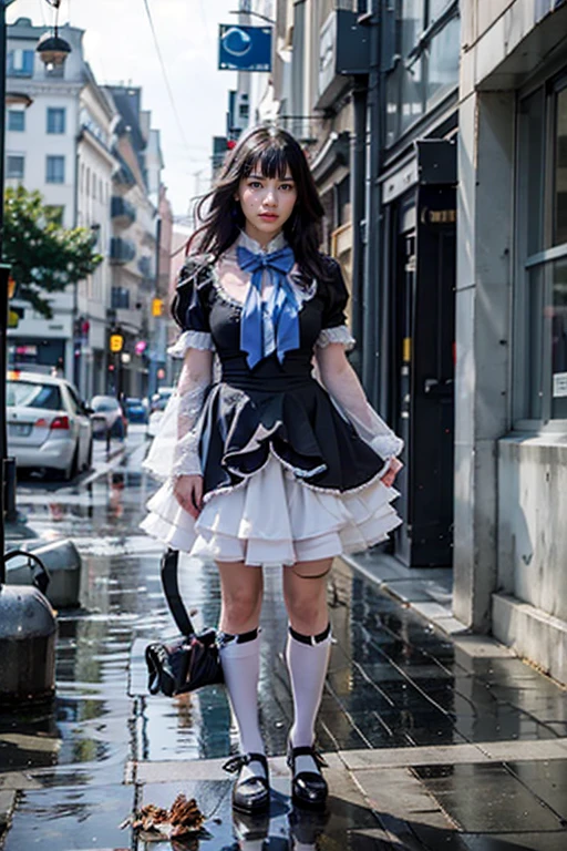 (masterpiece),best quality, frederica bernkastel,dress,  tail bow, cat tail, bowtie, purple eyes, purple hair, mary janes,  socks,  blank eyes, empty eyes,  (raining day:1.2), cloud, street, sidewalk, wet clothes, photorealistic, ((16k photography)), detailed face, ((Best Quality, Masterpiece: 1.3)), Sharp Focus: 1.2, A Beautiful Woman with Perfect Figure: 1.4, Slim Abs: 1.2, (Layered Hairstyle,: 1.2)), Rain: 1.3, Street: 1.2, Wet Body: 1.1, Highly Detailed Face and Skin Texture, Detailed Eyes, Double Eyelids, Big Breasts, Smile, irene1, CGI photography hyper realistic
