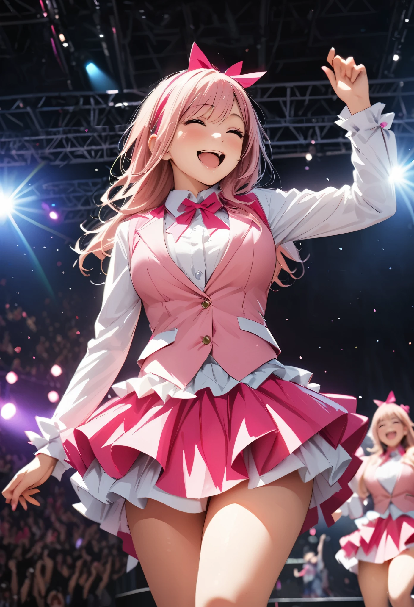 ((masterpiece, Highest quality, 最高of画質, High resolution, Realistic, RAW Photos, 8k)), ((Highly detailed CG synthesis 8k wallpaper)), (Huge and stunning goddess shot, Very hot and sexy, Incredible beauty, Perfect Proportions, Beautiful body, スリムなボディof美しさ:1.1), Costumed woman standing on stage with a microphone and lights, (Singing and dancing), (白とピンクofミニドレスを着て, Long sleeve shirt, ピンクofベスト, Fluttering mini skirt, Vivid!!, Happy!!!, fun!!!, Idol, Vivid), live, Rainbow Core, show, AP, f/2.5, Idolmaster, of,