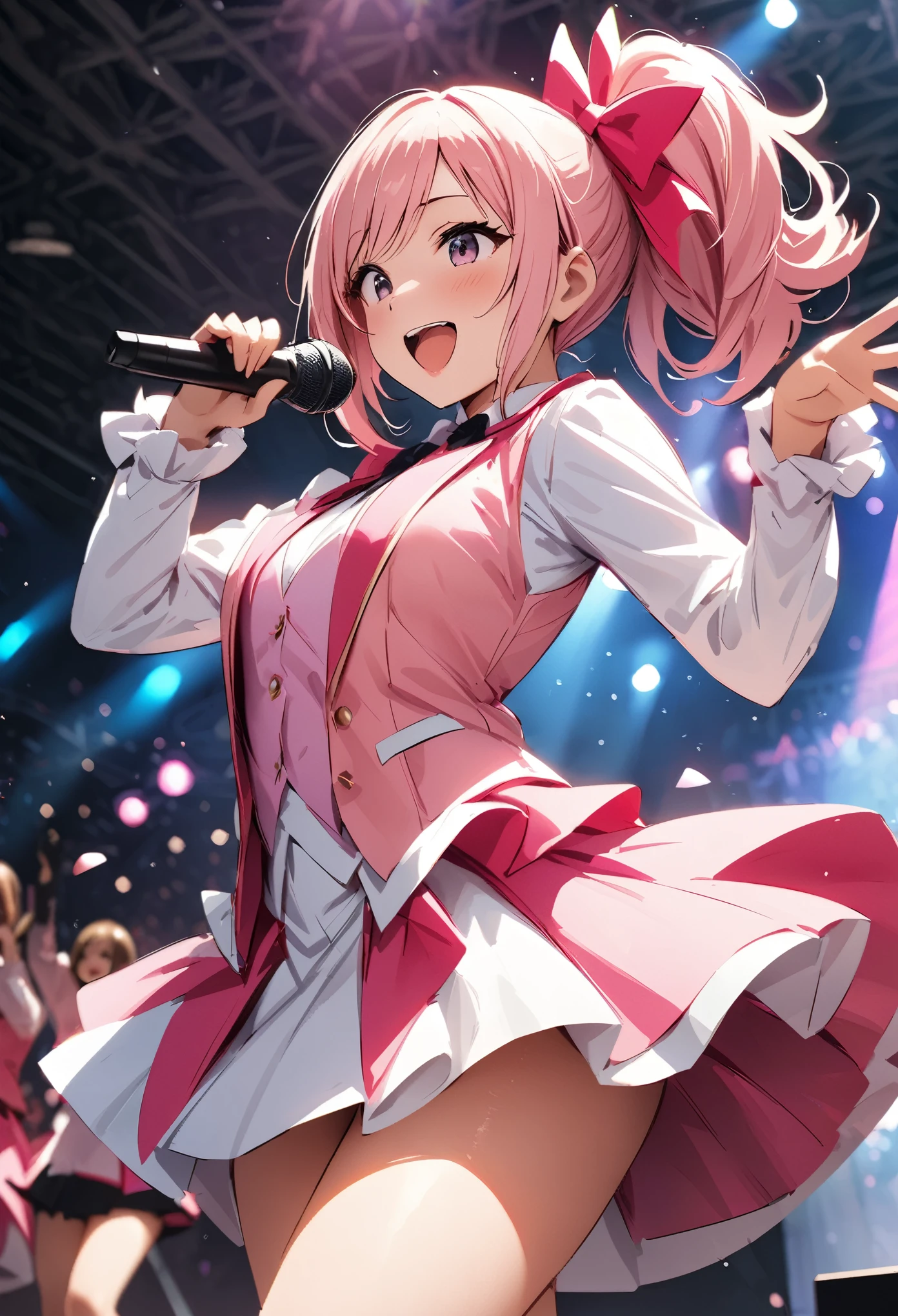 ((masterpiece, highest quality, Highest image quality, High resolution, photorealistic, Raw photo, 8K)), ((Extremely detailed CG unified 8k wallpaper)), (huge stunning goddess shot, very hot and sexy, jaw-dropping beauty, perfect proportions, beautiful body, slim body beauty:1.1), Female in costumes on stage with microphones and lights, (Singing and dancing), (Wearing a white and pink mini dress, Long-sleeved shirt, pink vest, fluttering miniskirt, vivid!!, happy!!!, fun!!!, idol, vivid), live, rainbowcore, show, ap, ƒ/2.5, idolmaster, dos,
