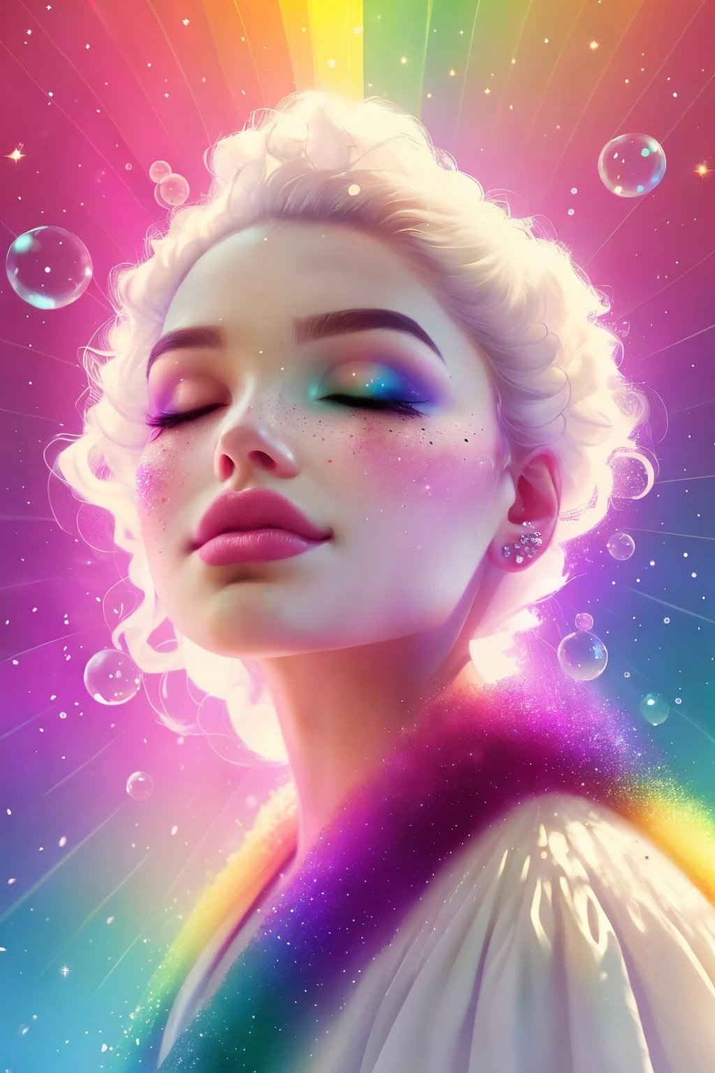 (This is a beautiful rainbow fantasy image that feels interesting and emphasizes glitter and iridescence.) Generate a ((blind)) curvy woman with colorful curly hair and milky white eyes. Her face is important and is perfectly formed with puffy lips and perfect features. (Her eyes are critically important and are (blank) and (solid white)). The image exudes ethereal beauty and soft fantasy. Include sweet and detailed birds and soft, luminous flowers in all the colors of the rainbow. The image's background is decorated in shades of pink, shimmer, glitter, and fantasy details like colored bubbles and cosmos. Utilize dynamic composition to create a compelling and action-packed image. Dramatic lighting and cinematic lighting enhance the woman's beauty and the soft colors in the artwork. (((((Perspective: head on.))))) Include fantasy, cute, colorful, colourful, interesting magic background, ((((blank eyes)))), ((((empty white eyes)))), (shirome eyes:1.3), (smirking), (perfectly rendered solid whiteeyes), ((birthmark on lip)), ((pretty lips)), beautiful background, complex background, sweet background, (((rainbow)))