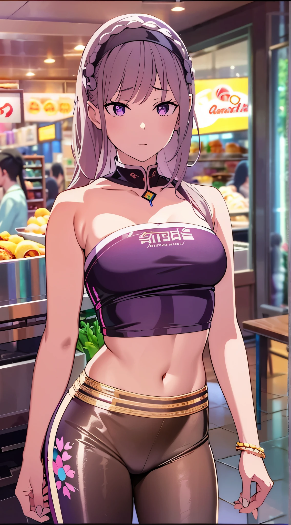 Emilia re:zero, purple eyes, Emilia, crown braid, x hair ornament, flower hair ornament, white hair, long hair, , ((Masterpiece)), best quality, absurderes, ultra detailed, holographic, cowboy shot, dynamic pose, golden ratio, super cute girl, mature girl, extremely beautiful, super beautiful asian girl with super beautiful brown shiny eyes, super  and  body, super beautiful legs, high ponytail, shiny and super beautiful skin, nice and  body, slim and delicate body, perfect body, wearing a super tight black short sleeve crop top,  shoulders, super tight translucid black leggings, hot panties, fox hairband, being photographed in a popular kawaii food court