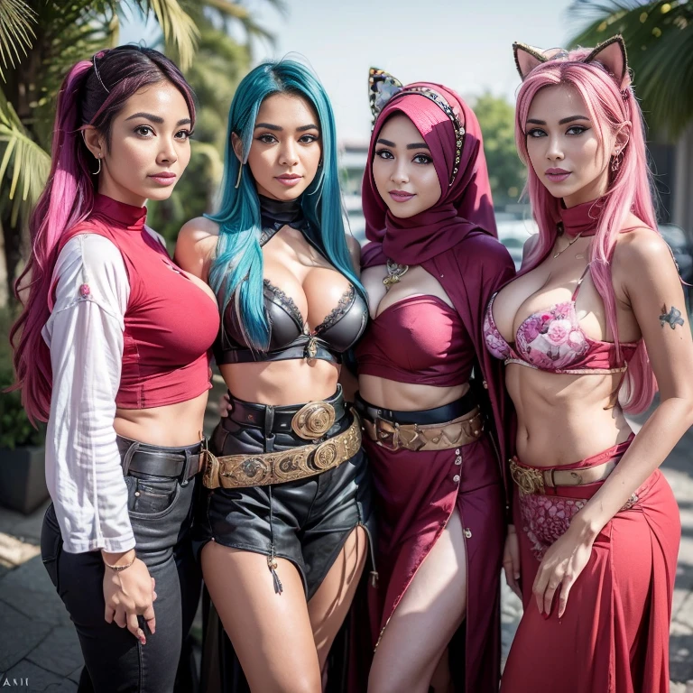 (three girls, 3 prostitute girls:1.5) bestquality,master-piece,High resolution with high detail,(brilliant:1.4),raw photograph,,optical illusion,1girle,(Solo exhibitions:1.2),(cowboy lens:1.2),(Hair crown:1.2),Traditional costumes of Dunhuang, china,strapless,(red eyeliner:1.2),(Black eyes:1.4),earings,dynamic angle,entertainment,messy_long_hair,ink,cinematic light,lanelare,Velvet,chrysanthemum,tassels,ribbons,Colorful embroidery,upper half body,Facing the lens,Dynamic Poses,large,Embroidered shoes, red bra, all red, oppai proportions, sexy :8k, 4 k, big breasts!, bottom angle, big breasts!!, Malay beauties, biomechanical oppai, fujita goro and jones, thicc, wearing hijab, hijab star, hijab gorgeous, hijab super model, Malaysian girls group,malay, The whole body consists of a young girl with hijab, Eye makeup, 21yo, Cat ears, Soft lighting, group, Wear shabby clothes, Dirty, Tattered futuristic bikini, Cat's paw badge, Pose, spot color, rendering by octane, Ultra-realistic intricate details, Cinematic, 8K resolution, 70mm, emphasis lighting, Global illumination, (((wearing a Sexy belt design by LV))) Surreal full-body figure, Beautiful and delicate body and face, gorgeous figure, ssmile, Titillating,Surreal full-body figure,Beautiful and detailed body and face, Super vista, White skin of the, vivd colour,🔥8k, (masterpiece), (((highest quality)), (super detailed), 2 girls, (iridescent hair, colorful hair, half blue and half pink hair: 1.2), 38 years old, (Gorgeous Malay Girls: 1.2), outdoor, bangs, smile, sky blue eyes, perfect hands, perfect hands, hand details, corrected fingers. Earrings, Night Store + Background, looking_at_viewer, Cowboy Shot, Top Quality, Rich Detail, Perfect Image Quality, big breasts, slender body