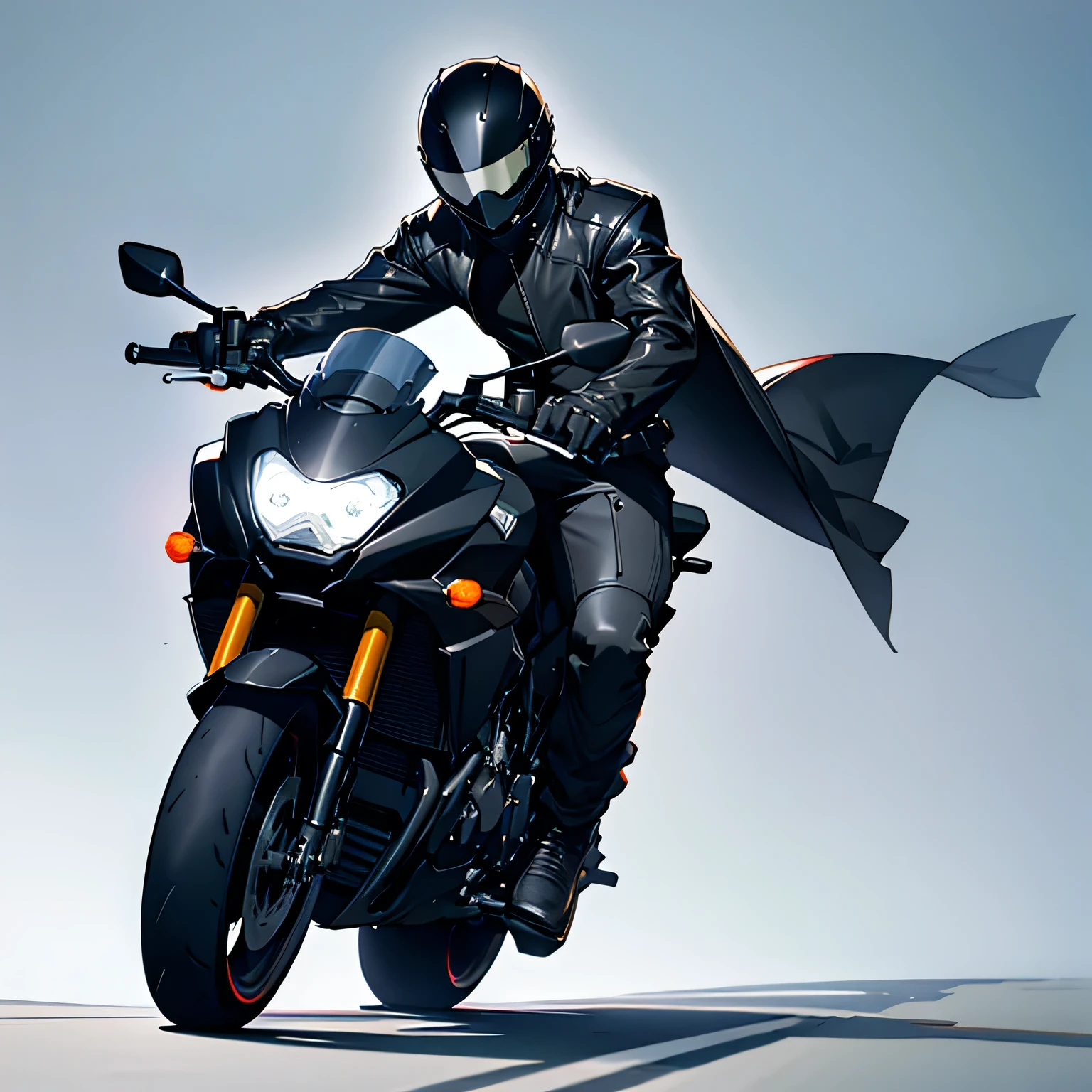Full-face helmet, man, slim, full body, black clothes, riding a black motorcycle