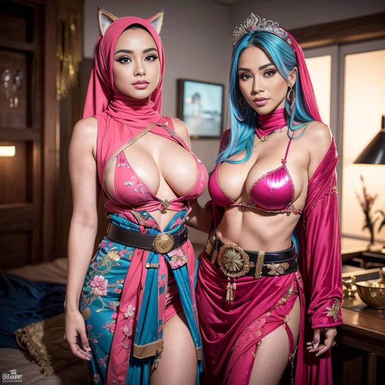 Two:2 prostitute, bestquality,master-piece,High resolution with high detail,(brilliant:1.4),raw photograph,,optical illusion,1girle,(Solo exhibitions:1.2),(cowboy lens:1.2),(Hair crown:1.2),Traditional costumes of Dunhuang, china,strapless,(red eyeliner:1.2),(Black eyes:1.4),earings,dynamic angle,entertainment,messy_long_hair,ink,cinematic light,lanelare,Velvet,chrysanthemum,tassels,ribbons,Colorful embroidery,upper half body,Facing the lens,Dynamic Poses,large,Embroidered shoes, red bra, all red, oppai proportions, sexy :8k, 4 k, big breasts!, bottom angle, big breasts!!, Malay beauties, biomechanical oppai, fujita goro and jones, thicc, wearing hijab, hijab star, hijab gorgeous, hijab super model, Malaysian girls group,malay, The whole body consists of a young girl with hijab, Eye makeup, 21yo, Cat ears, Soft lighting, group, Wear shabby clothes, Dirty, Tattered futuristic bikini, Cat's paw badge, Pose, spot color, rendering by octane, Ultra-realistic intricate details, Cinematic, 8K resolution, 70mm, emphasis lighting, Global illumination, (((wearing a Sexy belt design by LV))) Surreal full-body figure, Beautiful and delicate body and face, gorgeous figure, ssmile, Titillating,Surreal full-body figure,Beautiful and detailed body and face, Super vista, White skin of the, vivd colour,🔥8k, (masterpiece), (((highest quality)), (super detailed), 2 girls, (iridescent hair, colorful hair, half blue and half pink hair: 1.2), 38 years old, (Gorgeous Malay Girls: 1.2), outdoor, bangs, smile, sky blue eyes, perfect hands, perfect hands, hand details, corrected fingers. Earrings, Night Store + Background, looking_at_viewer, Cowboy Shot, Top Quality, Rich Detail, Perfect Image Quality, big breasts, slender body