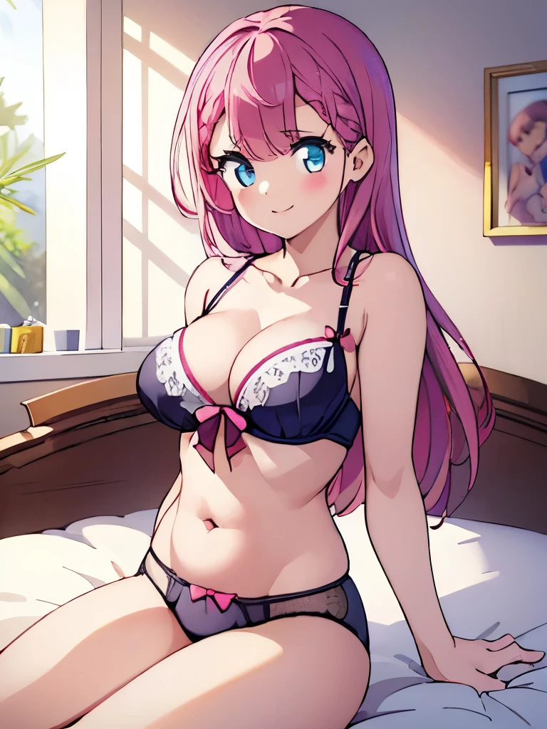 ((masterpiece)), ((best quality)), (ultra-detailed), on the bed, a cute girl, 1girl, solo, smile, underwear00, beautiful pink hair