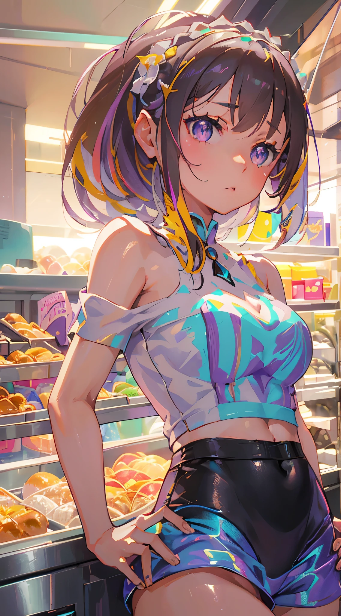 Emilia re:zero, purple eyes, Emilia, crown braid, x hair ornament, flower hair ornament, white hair, long hair, medium breasts, ((Masterpiece)), best quality, absurderes, ultra detailed, holographic, cowboy shot, dynamic pose, golden ratio, super cute girl, mature girl, extremely beautiful, super and sexy body, super beautiful legs, super beautiful brown multicolored short hair, high ponytail, shiny and super beautiful skin, nice and sexy body, slim and delicate body, perfect body, wearing a super tight black short sleeve crop top, bare shoulders, super tight translucid black leggings, hot panties, fox hairband, being photographed in a popular kawaii food court