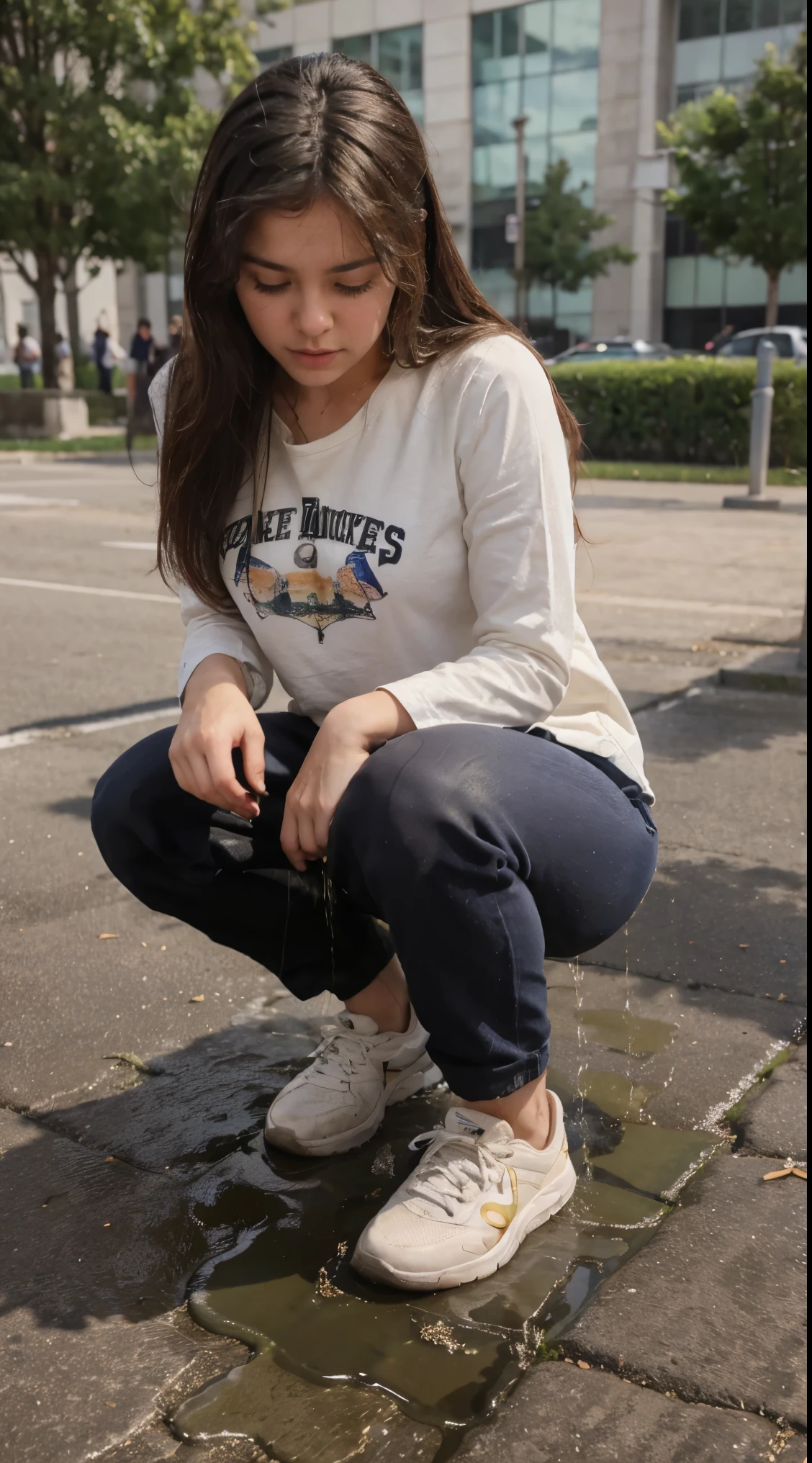 girl urinates while squatting, pants wet with urine, urine pours on the ground