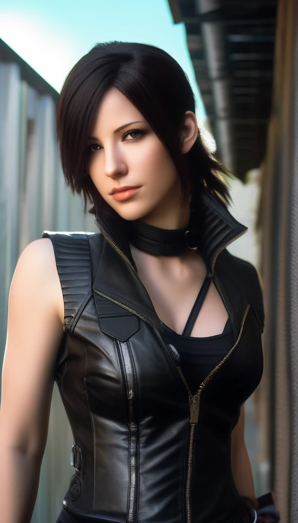An Arapei woman in a leather coat poses on the wall, Tifa Lockhart, quiet from metal gear solid, quiet from metal gear solid v, ff Tifa, alluring tipha lockhart portrait, Charming Tifa Lockheart, tifa lockheart, beautiful female assassin, tifa lockhart portrait, badass posture, lara croft, portrait of tifa lockhart, realistic cosplay,bulletproof vest