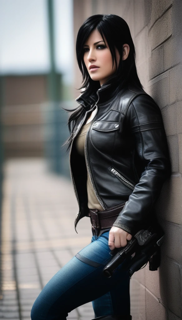 An Arapei woman in a leather coat poses on the wall, Tifa Lockhart, quiet from metal gear solid, quiet from metal gear solid v, ff Tifa, alluring tipha lockhart portrait, Charming Tifa Lockheart, tifa lockheart, beautiful female assassin, tifa lockhart portrait, badass posture, lara croft, portrait of tifa lockhart, realistic cosplay,bulletproof vest