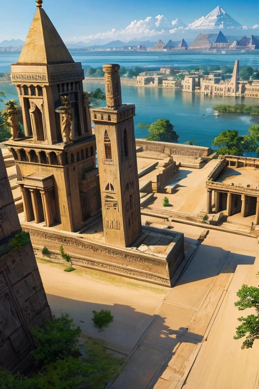 Egyptian palace with Egyptian decorations with towers and forests along with lakes